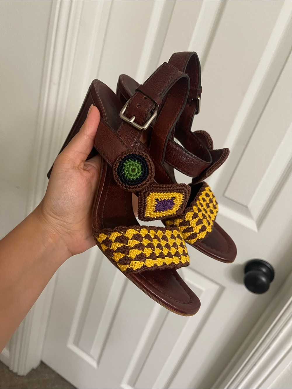 Vintage Prada Brown Leather Heeled Sandals with Yellow Crochet Accents